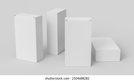 Gift Box Mock Up: Four Tall, Wide And Flat White Boxes On White Background. View Above. 3d Illustration