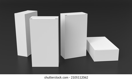 Gift Box Mock Up: Four Tall, Wide And Flat White Boxes On Black Background. View Above. 3d Illustration