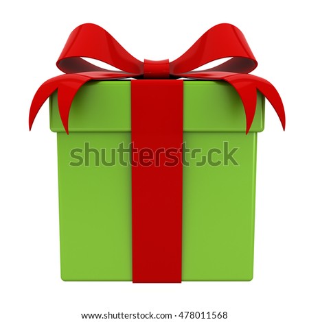 Gift box present with red ribbon bow on green box for christmas isolated over white background. 3D rendering.