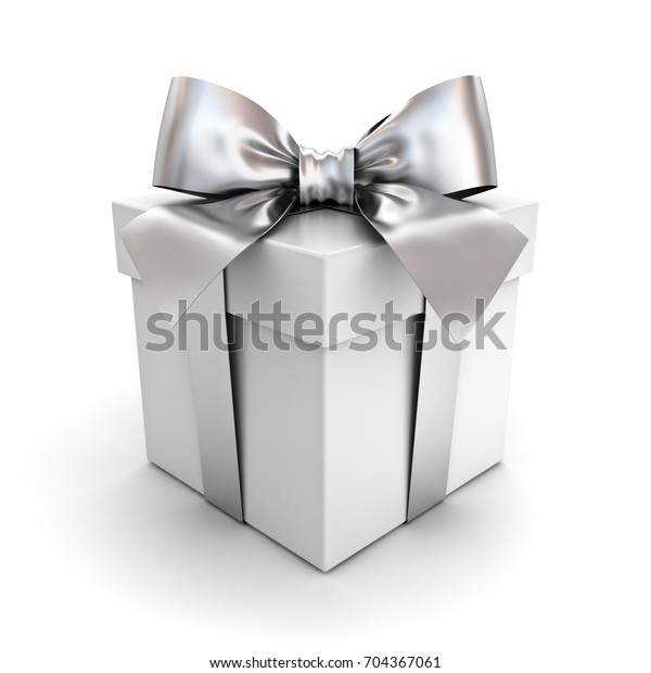 白い背景に影とギフトボックスまたは銀色のリボン蝶結びを付けたプレゼントボックス 3dレンダリング のイラスト素材