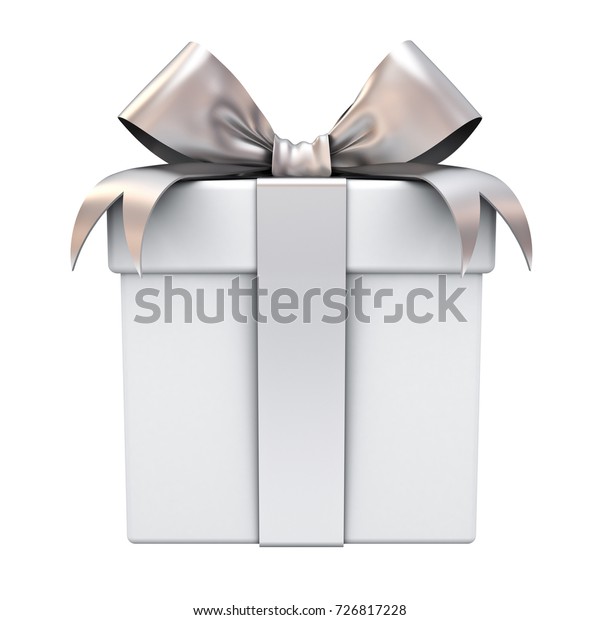 白い背景にギフトボックスまたはプレゼントボックスと銀色のリボン蝶結び 3dレンダリング のイラスト素材