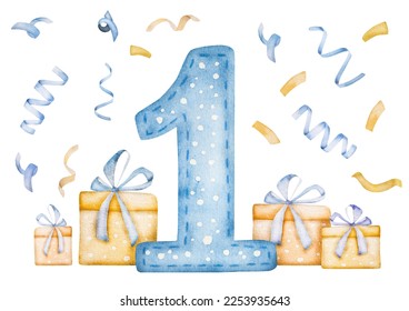 Gift box presents with confetti and one year number for baby boy happy birthday celebration watercolor painting for postcard. Blue color surprises for kid child aquarelle drawing - Powered by Shutterstock