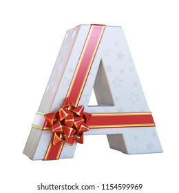 Gift Box With Red Ribbon Bow 3d Font, Present Alphabet 3d Renderinf, Letter A