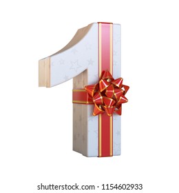 Gift Box With Red Ribbon Bow 3d Font, Present Alphabet 3d Renderinf, Number 1