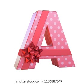 Gift Box With Red Ribbon Bow 3d Font, Present Alphabet 3d Renderinf, Letter A