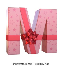 Gift Box With Red Ribbon Bow 3d Font, Present Alphabet 3d Renderinf, Letter M