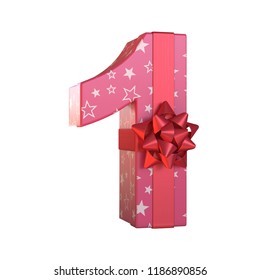 Gift Box With Red Ribbon Bow 3d Font, Present Alphabet 3d Renderinf, Number 1