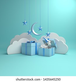 Gift Box, Sheep, Crescent Moon, Star On Studio Lighting Blue Pastel Background. Design Creative Concept Of Islamic Celebration Eid Al Adha Or Happy Birthday. 3d Rendering Illustration. 