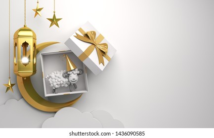 Gift Box, Sheep, Crescent Moon, Star, Cloud, Gold Arabic Lamp On Studio Lighting White Background. Design Creative Concept Of Islamic Celebration Eid Al Adha Or Happy Birthday. 3d  Illustration.