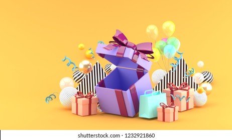 Gift Box and Shopping Bag amid colorful balls on orange background.-3d rendering.