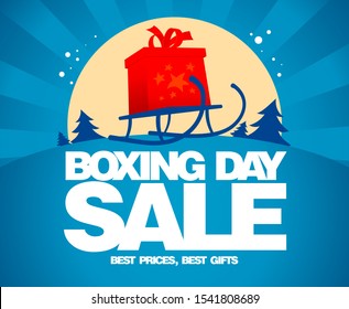 Gift Box And Sled Against Winter Landscape. Boxing Day Sale Design, Rasterized Version