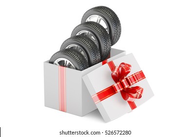 Gift Box with Tyres and Wheels, 3D rendering isolated on white background - Powered by Shutterstock