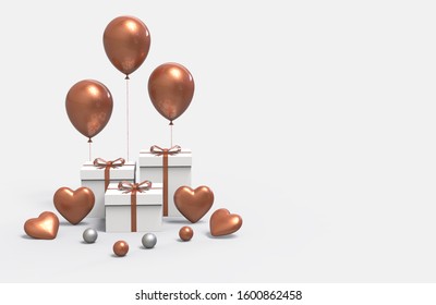 Gift Box Or White Present Box With Red Brown Balloons Isolated On White Background. 3d Rendering