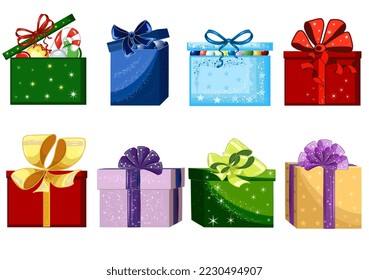 Сolorful gift boxes of with bows and Christmas stuff . Clipart JPEG. 