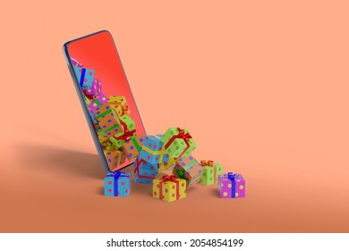 Gift boxes getting off of the screen of a mobile phone. Christmas concept. 3d illustration.