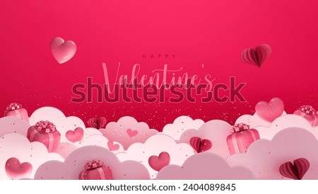 Gift boxes and hearts among clouds on pink background with text. Valentine's Day greeting card design. 3D Rendering, 3D Illustration, Hand made illustration