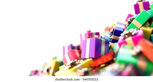 Gift boxes horizontal 3d rendering background, Christmas and celebration theme