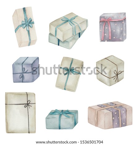 Gift boxes set on white background. Christmas presents. Watercolor hand drawn illustration