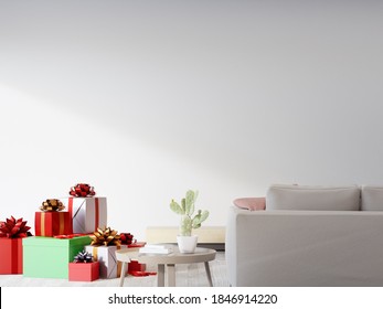 Gift Boxes And Sofa Near TV Stand On Empty White Wall Of Bright Living Room In Modern House Or Apartment. Home Interior 3d Rendering With Christmas Present.