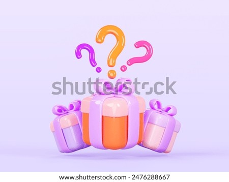 Gift boxes with surprise and question marks 3d banner. Mystery closed presents, color packages with ribbon bow and signs of prize or bonus on purple background, render cartoon icons. 3D Illustration