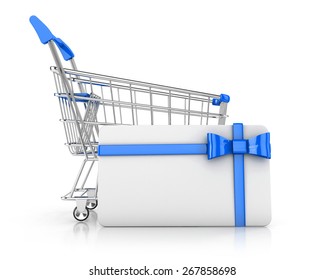 gift card with blank space for text and shopping cart, isolated on white background. 3d render