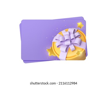 Gift card or gift certificate or voucher or discount card design template Purple cards with yellow gift box and bows and star. Realistic 3d illustration. - Powered by Shutterstock