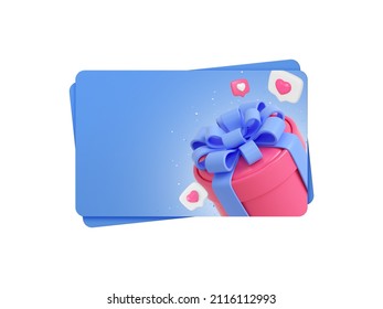 Gift Card Or Gift Certificate Or Voucher Or Discount Card Design Template Blue Cards With Gift Pink Box And Bows. Realistic 3d Illustration.