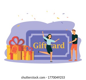 Gift card and promotion strategy, gift voucher, discount coupon and gift certificate concept.  isolated concept illustration with tiny people and floral elements. Hero image for website.   - Powered by Shutterstock