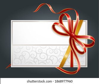 Gift card with ribbons and bow, Birthday present, shopping offer. Holiday voucher, certificate for buying goods or services. Spa procedures or beauty and fashion shops coupon raster illustration - Powered by Shutterstock