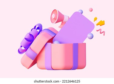 A gift certificate template with a pink open gift and a speaker. Gift card and promotion Concept of notification of a gift card for New year or birthday. 3d rendering illustration - Powered by Shutterstock