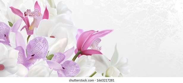 Gift certificate, voucher or gathering card design. White background with fresh orchid, magnolia flowers bouquet. Beautiful blank template for wedding, elegant anniversary invitation, 8 March, funeral - Powered by Shutterstock