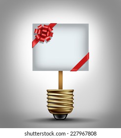 Gift Concept As An Open Lightbulb With A Red Ribbon Bow Decorated Sign As Holiday Shopping Ideas Symbol And Buying Guide.