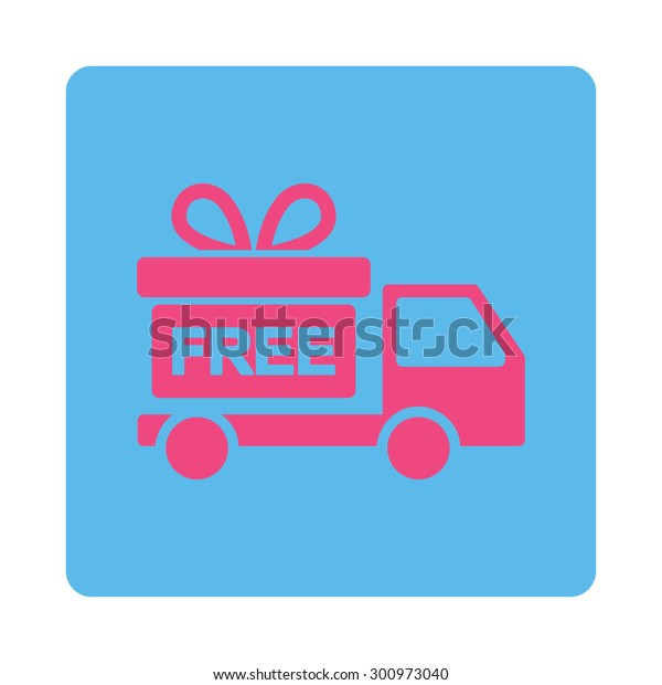 Gift delivery icon.\
Glyph style is pink and blue colors, flat rounded square button on\
a white background.