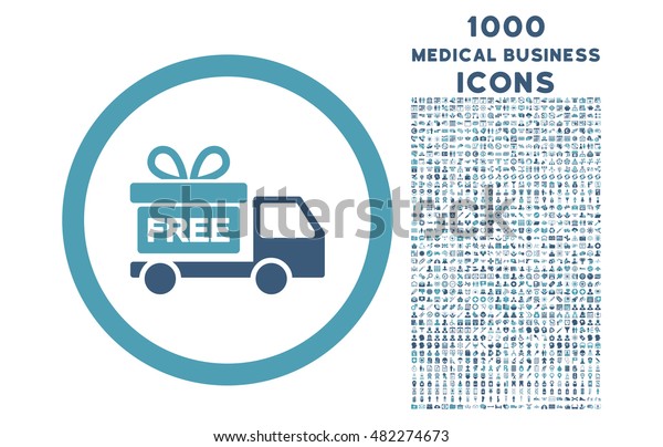 Gift Delivery rounded glyph bicolor icon with\
1000 medical business icons. Set style is flat pictograms, cyan and\
blue colors, white\
background.