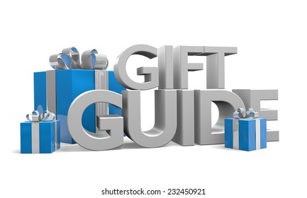 Gift Guide Text And Three Blue Christmas Gifts Wrapped In Silver Ribbons