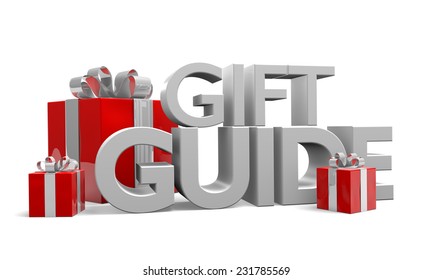 Gift Guide Text And Three Red Christmas Gifts Wrapped In Silver Ribbons