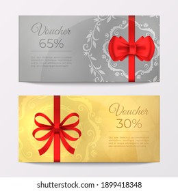 Gift Luxury Certificate Voucher Card. Red Ribbon Elegant Celebration Coupon. Realistic  Illustration Gold And Silver Discount Promotion Flyer For Holiday Gifts Discount On Gray Background