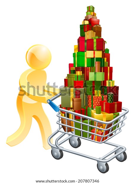 Gift shopper concept of a person pushing shopping\
trolley cart full of\
gifts