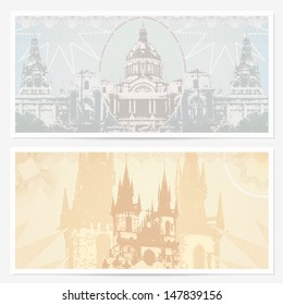 Gift Voucher Template. Guilloche Pattern (watermark). Travel Check Background (Castell De Montjuic, Barcelona), Tower Of Charles Bridge (Prague) For Coupon, Banknote, Ticket, Currency Bank Note