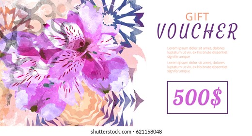 Gift voucher with watercolor pattern. Discount card with flowers and mandalas. Spring or summer concept ticket. Floral flyer - Powered by Shutterstock