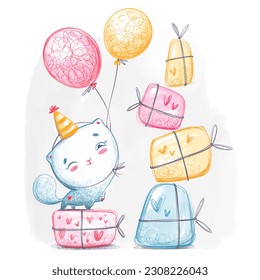 Gifted Feline Festivities - Charming kitty in a festive cap with balloons and a bunch of gifts. Children's cartoon illustration with colored pencils. Large size. - Powered by Shutterstock