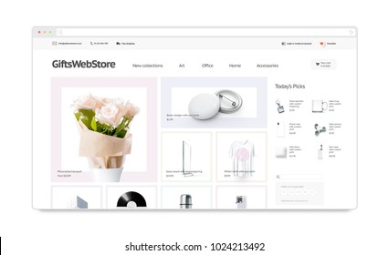 Gifts webstore site template mock up isolated, 3d illustration. Accessory web page interface mockup. Internet website template. Web store screen layout for computer display.