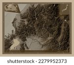Gifu, prefecture of Japan. Elevation map colored in sepia tones with lakes and rivers. Locations and names of major cities of the region. Corner auxiliary location maps