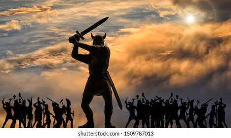 Gigantic figure of enraged God Odin with raised sword and Viking army in Valhalla (plastic toy soldiers), stormy clouds with bright sun, Ragnarok, Old Norse epic, saga, mythology, panoramic image