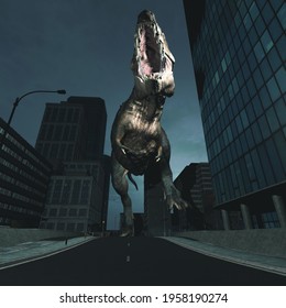 Gigantic T Rex Running In The City . This Is A 3d Render Illustration . 