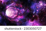 Gigantic wormhole surrounded by glittering stars and gas clouds, purple and red wormhole in outer space, universe landscape desktop wallpaper, space background for PC, 3d illustration 