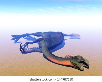 Gigantoraptor Dinosaur Lying Dead In Sunny And Hot Desert
