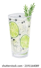 Gin Tonic Cocktail Watercolor Hand Drawn Illustration. Drink Clipart On White Background.