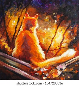 Ginger Cat - Autumn Landscape - Oil Painting On Canvas - Original Art.