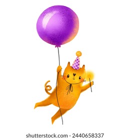 A ginger cat flies in a purple hot air balloon with a sparkler in his hands. Birthday illustration. Cute kids cartoon holiday illustration for children's birthday and baby shower
 - Powered by Shutterstock